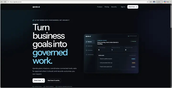 Ajenda AI interface showing the governed-work product surface and command center